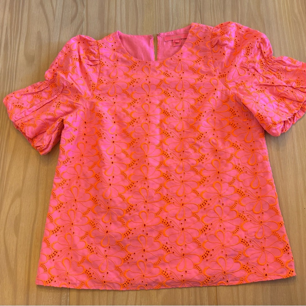 LILLY PULITZER LAILAH HOT PINK AND
ORANGE CROCHET TOP PUFF SLEEVE SIZE S